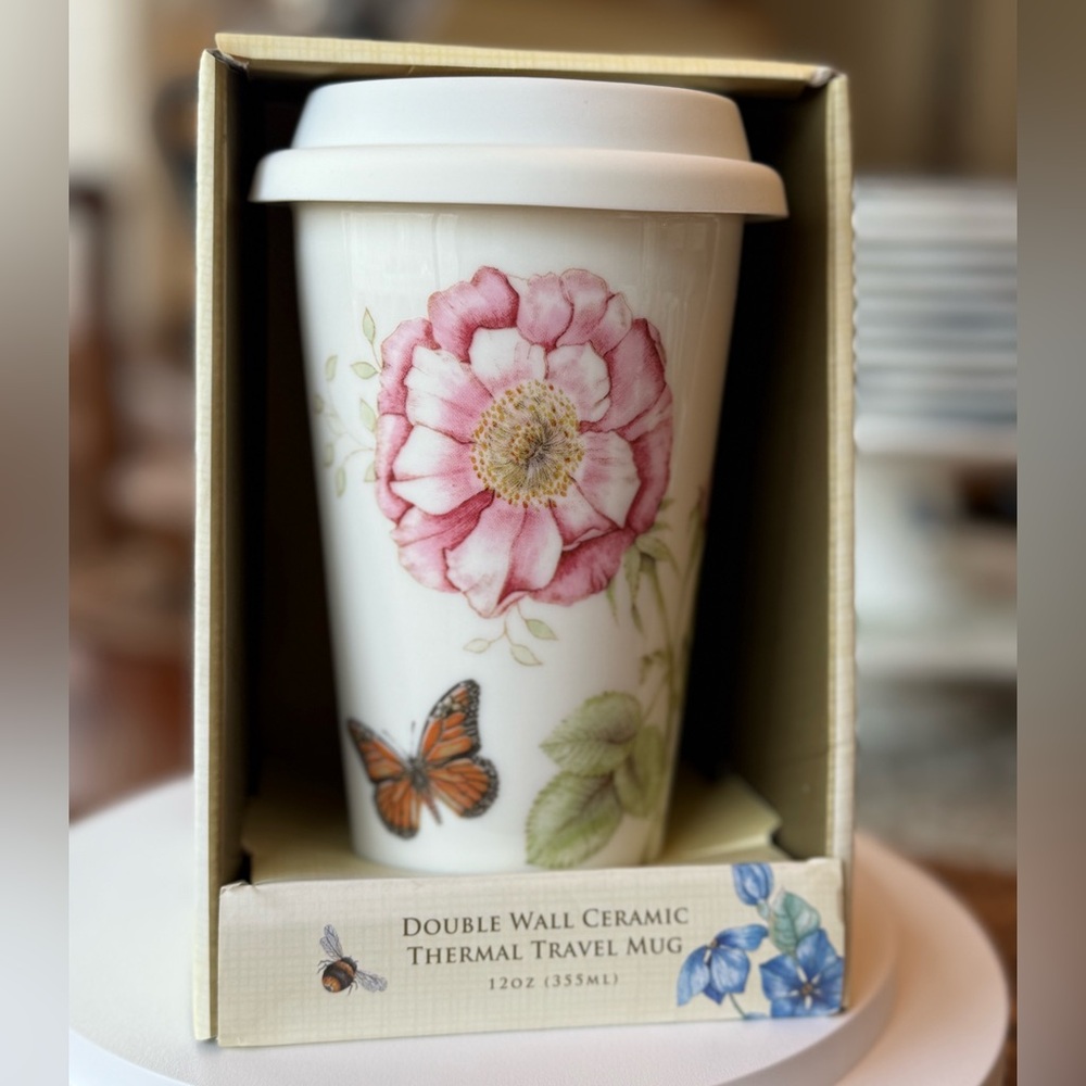 ❤️NWT❤️ Lenox Butterfly Meadow Double Wall Ceramic Thermal Travel Mug (12 oz)